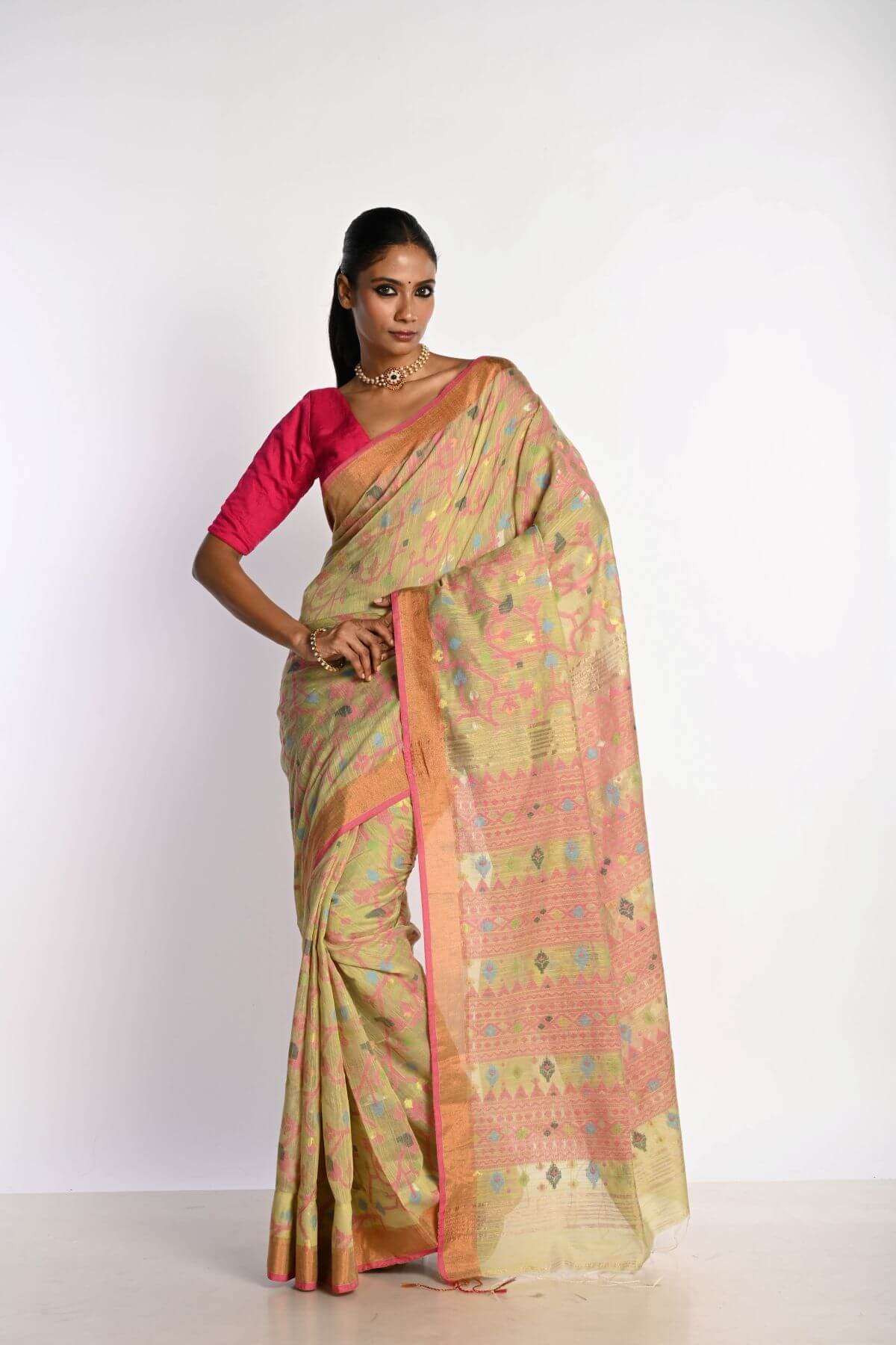 Pista Green Tant Jamdani Saree with All Over Floral Motifs - Image 1