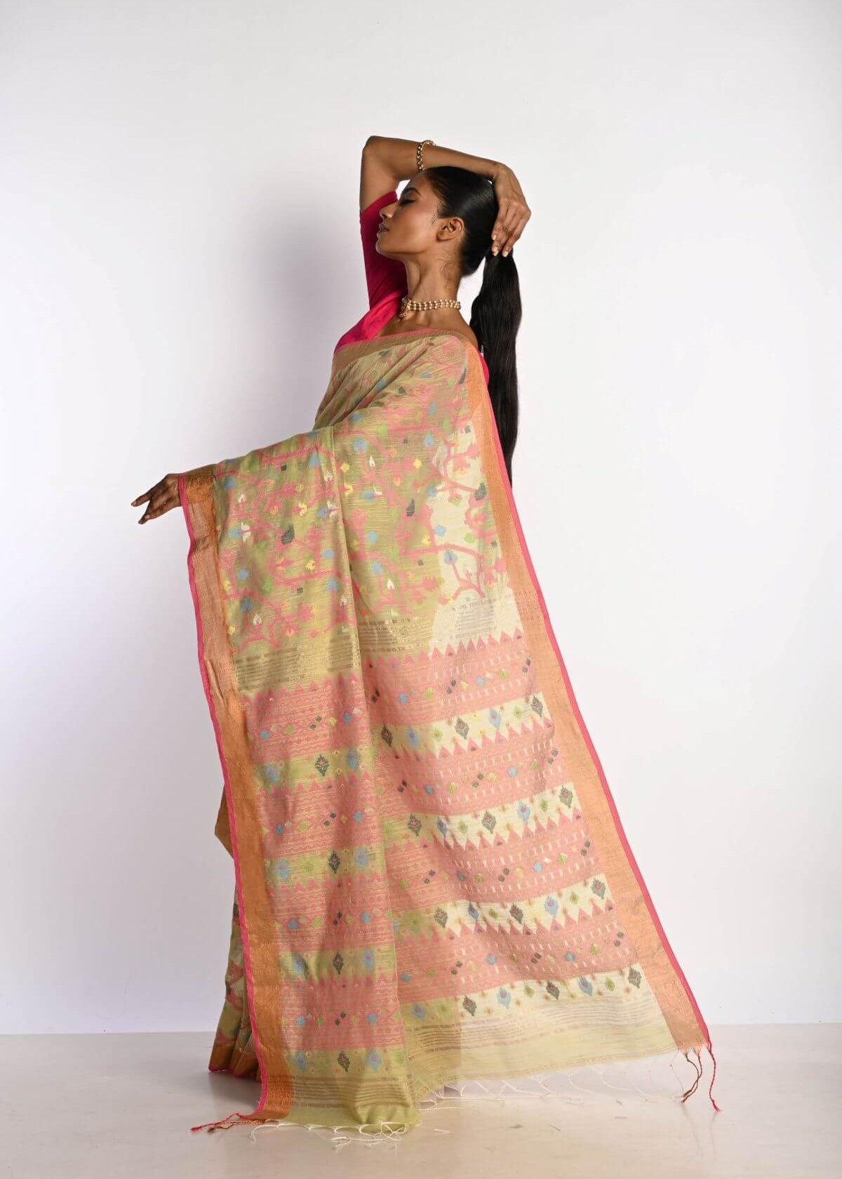 Pista Green Tant Jamdani Saree with All Over Floral Motifs - Anvi Couture