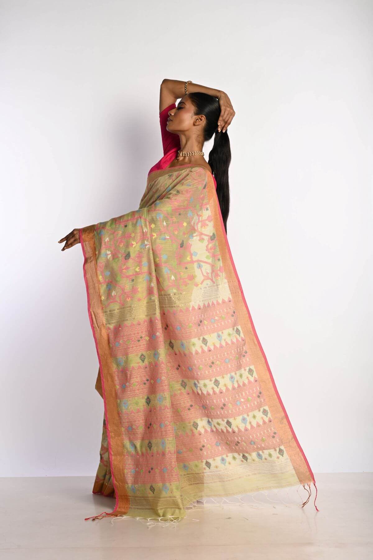 Pista Green Tant Jamdani Saree with All Over Floral Motifs - Image 3