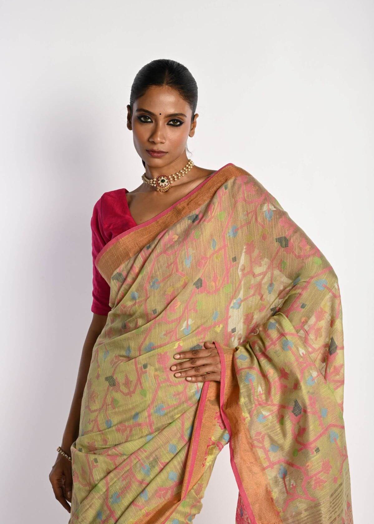 Pista Green Tant Jamdani Saree with All Over Floral Motifs - Anvi Couture