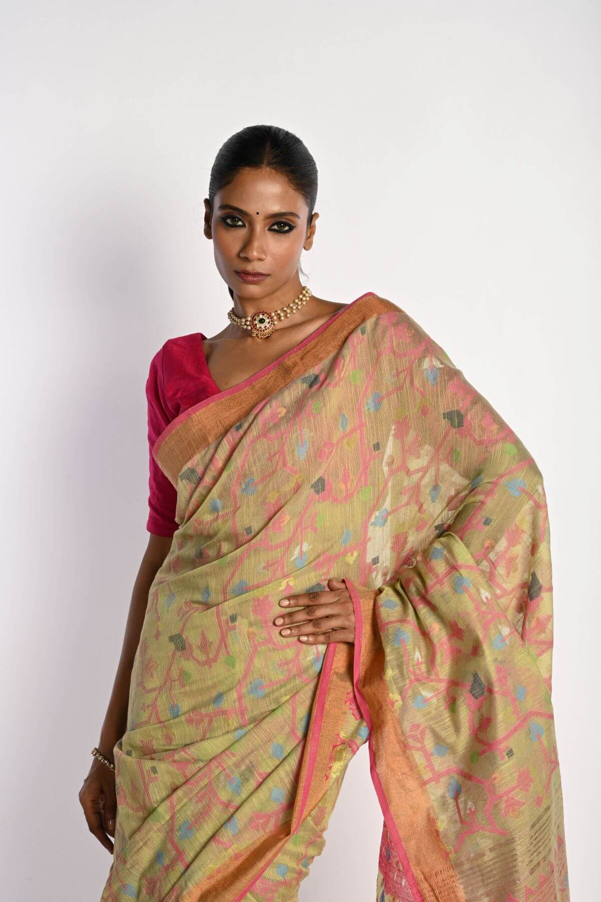 Pista Green Tant Jamdani Saree with All Over Floral Motifs - Image 4