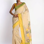 Off White Cotton Tant Jamdani Saree with Yellow Border - Image 1