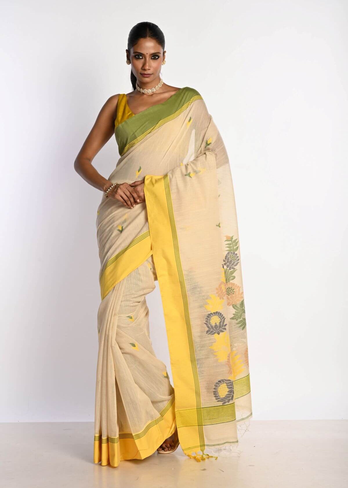 Off White Cotton Tant Jamdani Saree with Yellow Border - Anvi Couture