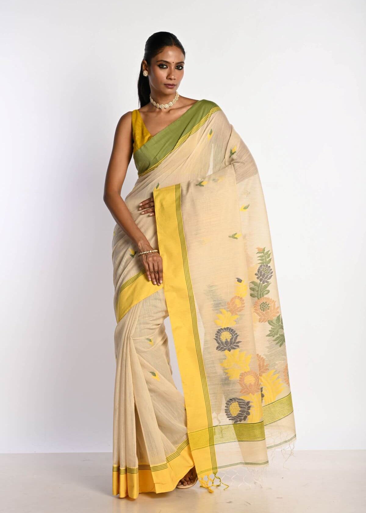 Off White Cotton Tant Jamdani Saree with Yellow Border - Anvi Couture