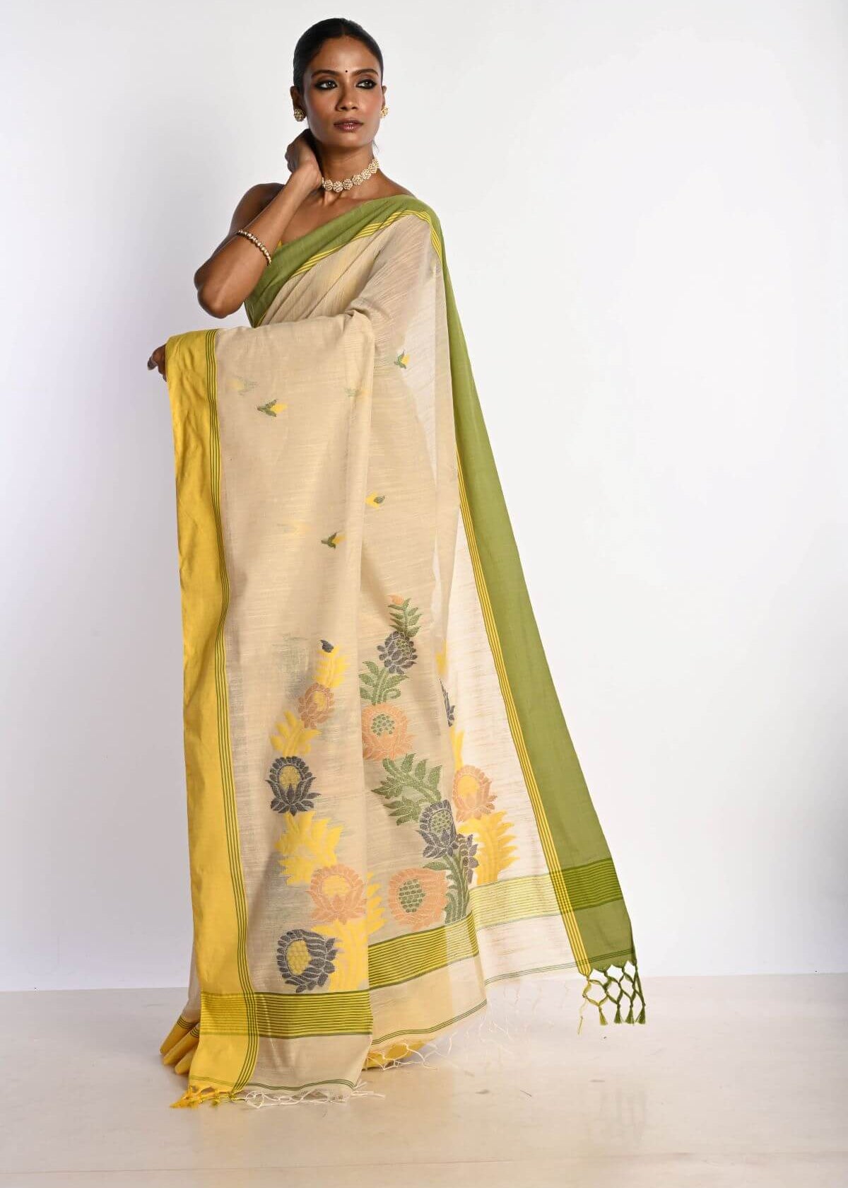 Off White Cotton Tant Jamdani Saree with Yellow Border - Anvi Couture
