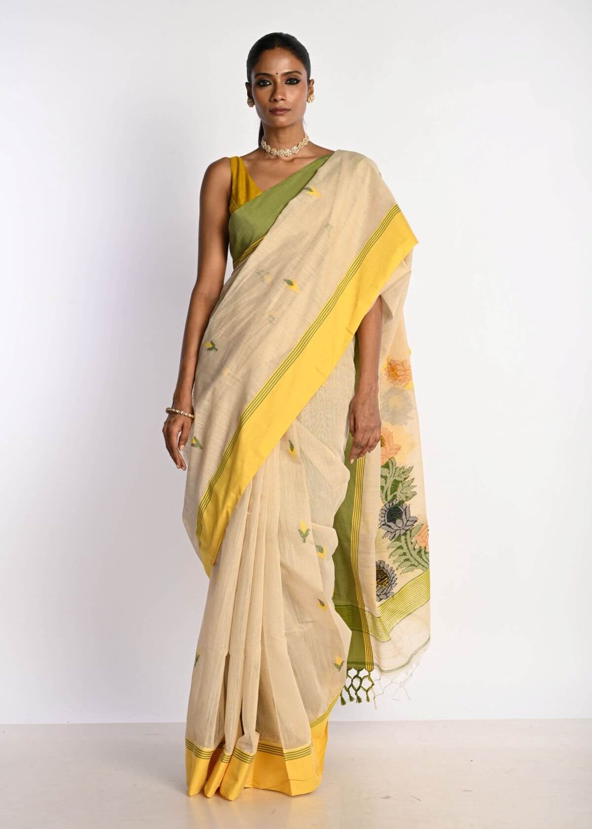 Off White Cotton Tant Jamdani Saree with Yellow Border - Anvi Couture