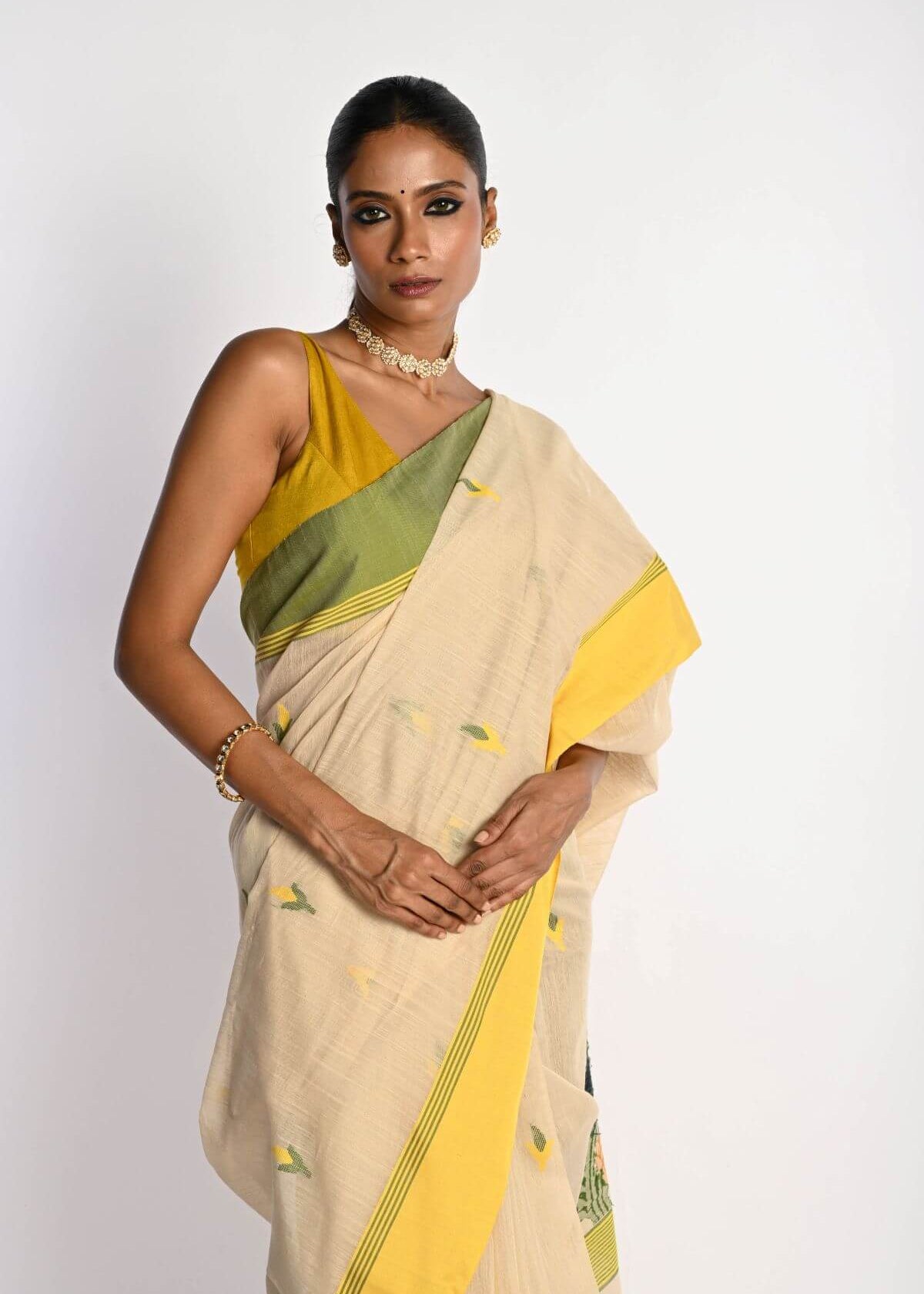 Off White Cotton Tant Jamdani Saree with Yellow Border - Anvi Couture