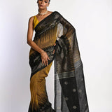 Black and Mustard Yellow Tant Jamdani Saree with Temple Border - Image 1