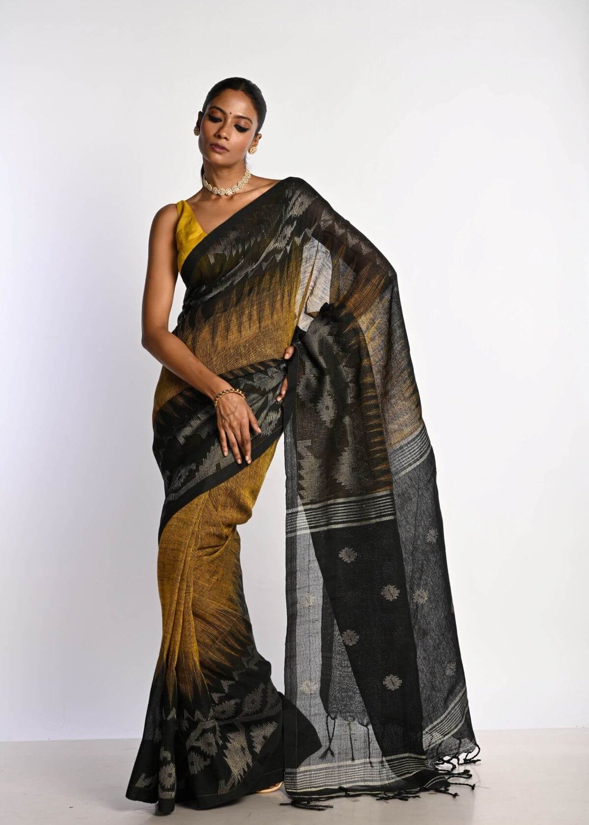 Black and Mustard Yellow Tant Jamdani Saree with Temple Border - Image 1