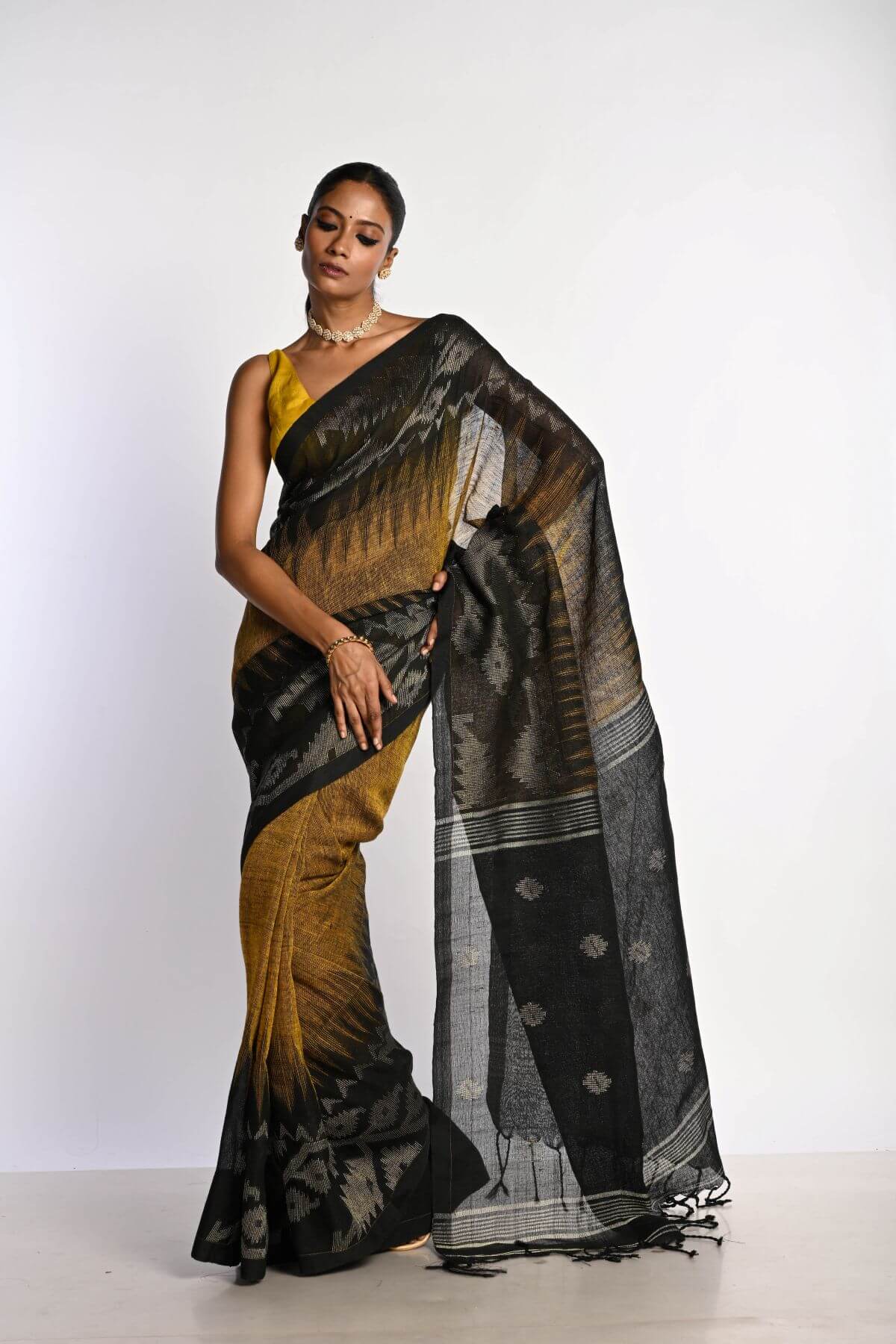 Black and Mustard Yellow Tant Jamdani Saree with Temple Border - Image 1