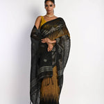 Black and Mustard Yellow Tant Jamdani Saree with Temple Border - Image 2