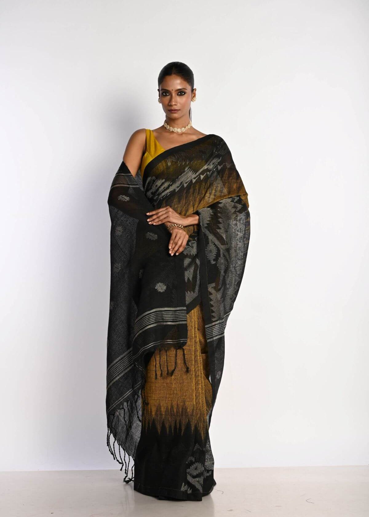 Black and Mustard Yellow Tant Jamdani Saree with Temple Border - Image 2