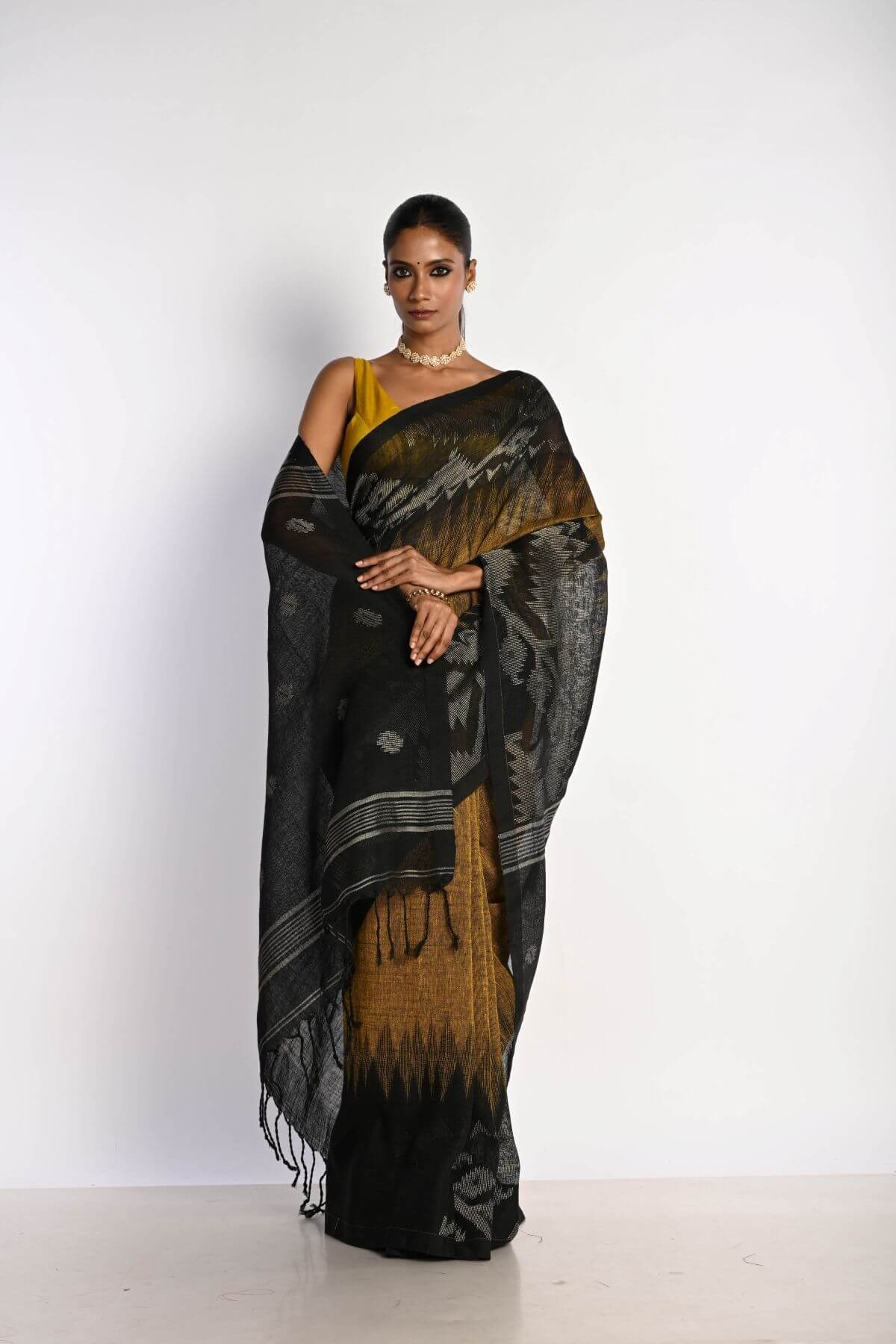 Black and Mustard Yellow Tant Jamdani Saree with Temple Border - Image 2