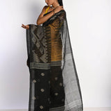 Black and Mustard Yellow Tant Jamdani Saree with Temple Border - Image 3