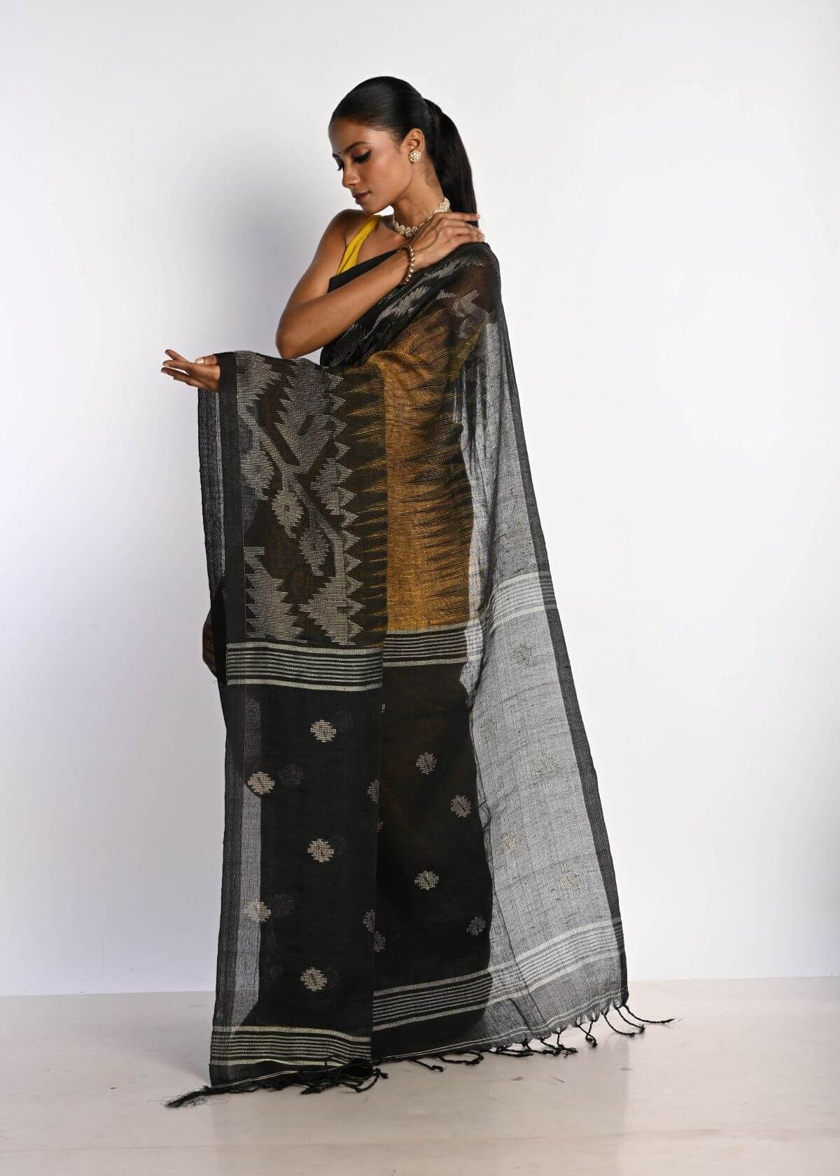 Black and Mustard Yellow Tant Jamdani Saree with Temple Border - Anvi Couture