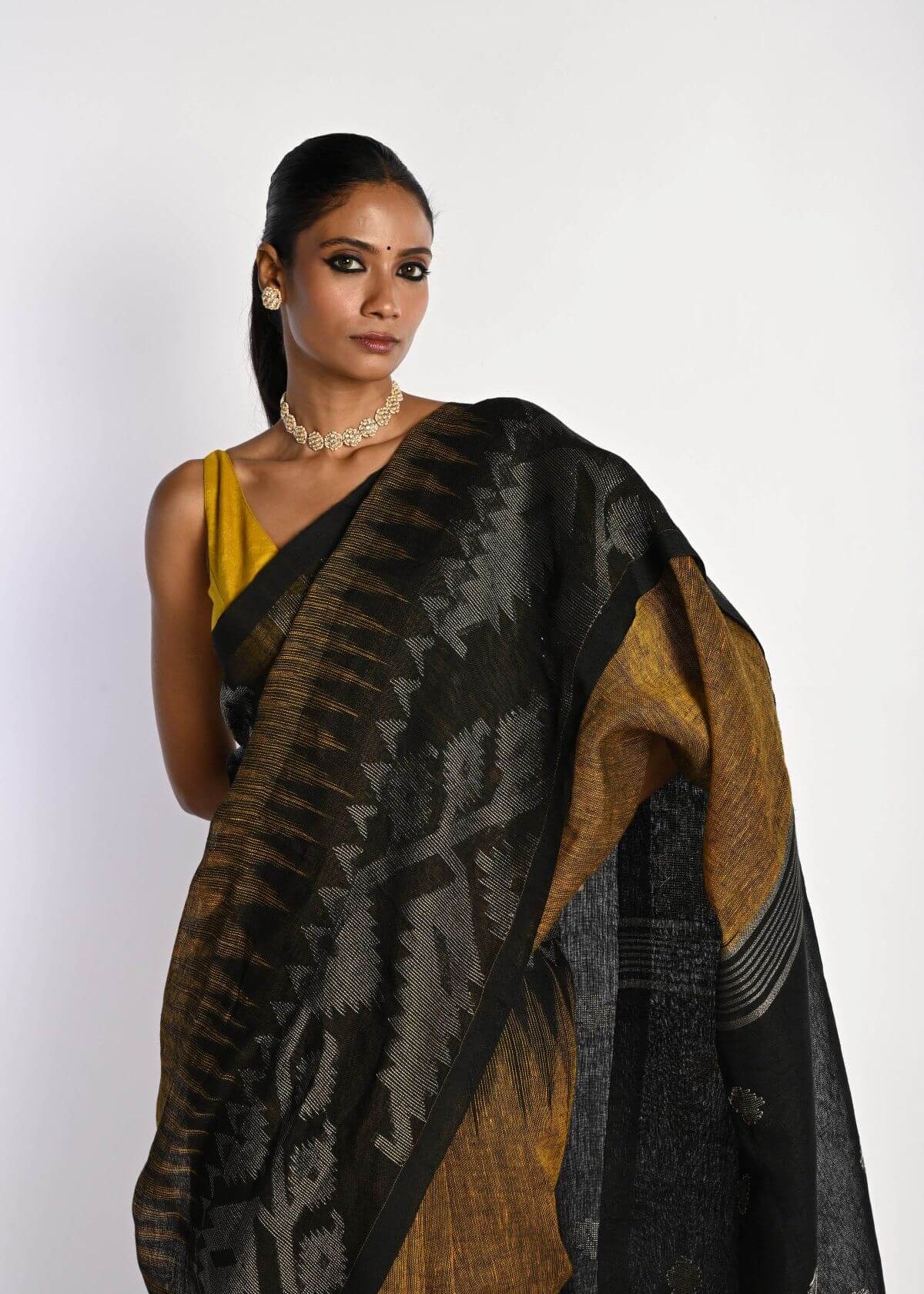 Black and Mustard Yellow Tant Jamdani Saree with Temple Border - Anvi Couture