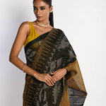 Black and Mustard Yellow Tant Jamdani Saree with Temple Border - Image 4