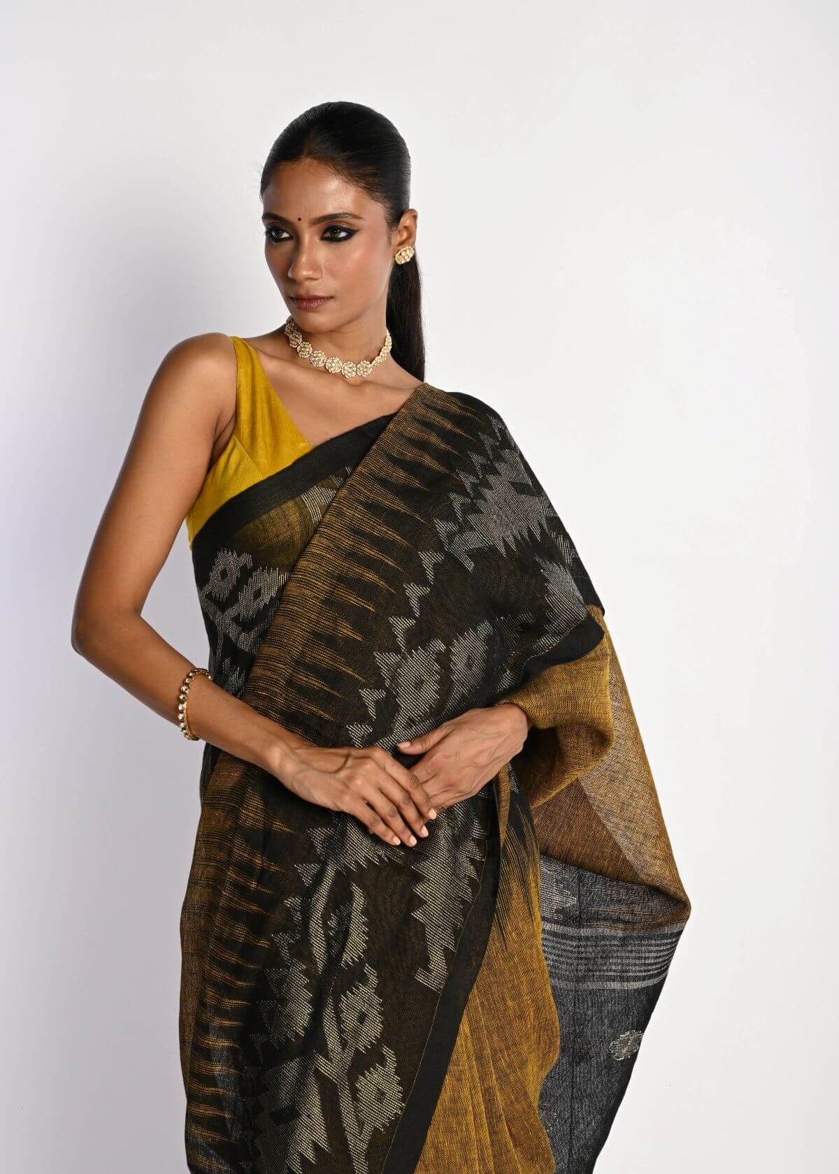 Black and Mustard Yellow Tant Jamdani Saree with Temple Border - Anvi Couture