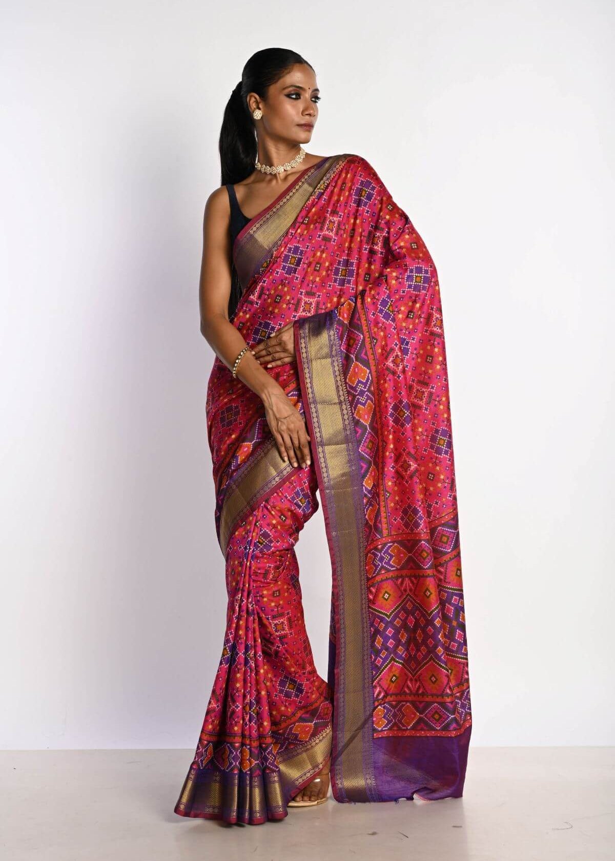 Pink Patola Silk Saree with Contrasting Purple Border - Anvi Couture