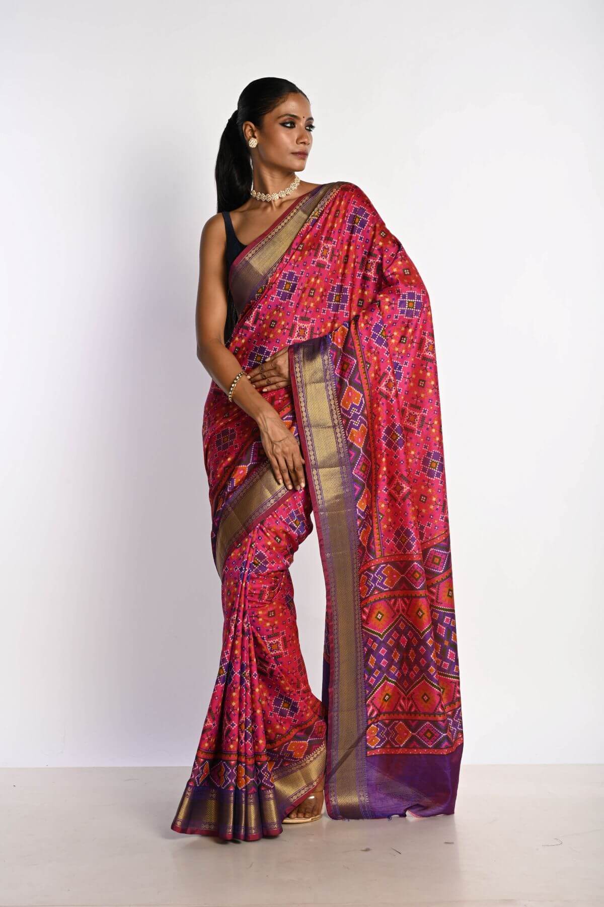 Pink Patola Silk Saree with Contrasting Purple Border - Anvi Couture