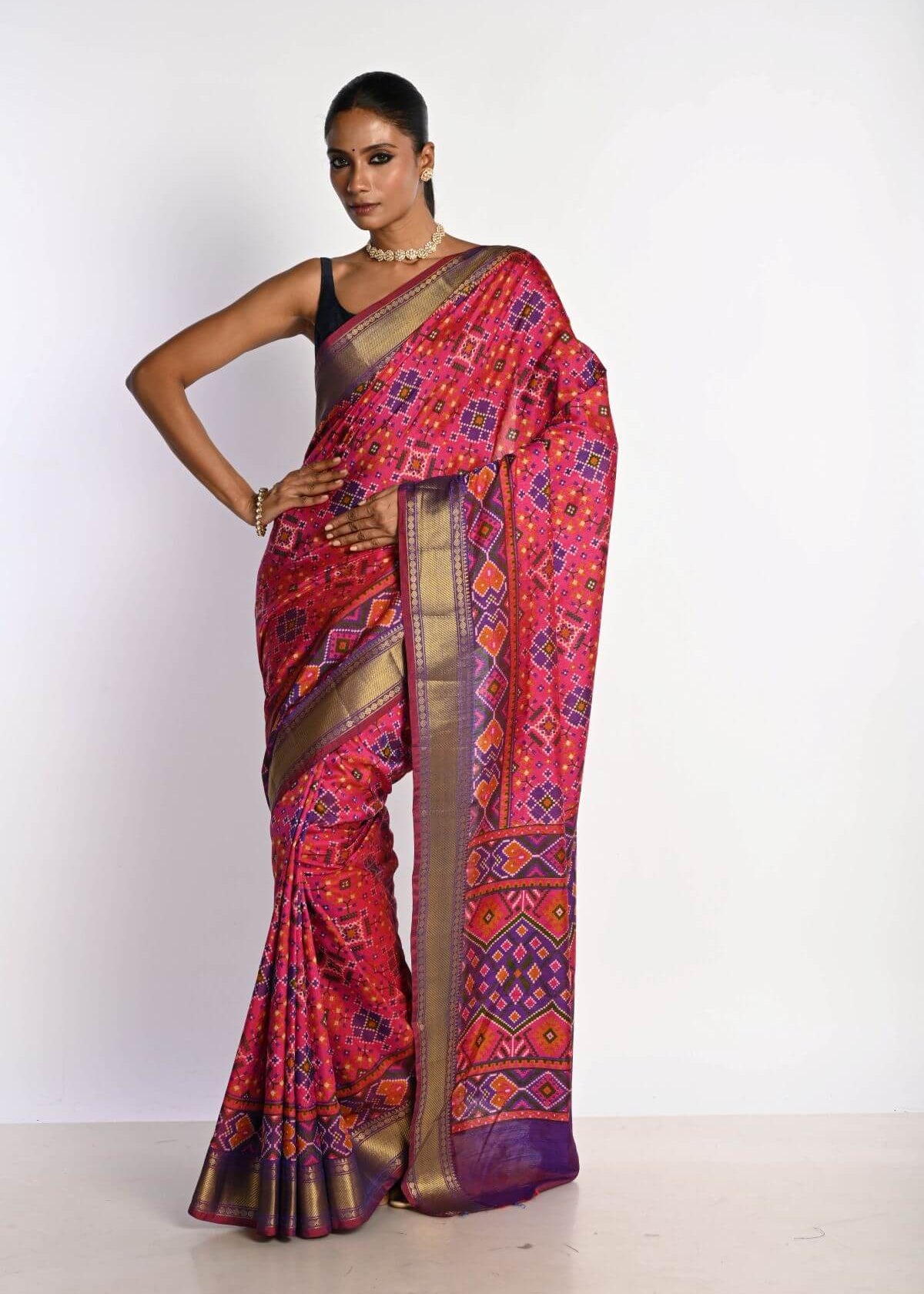 Pink Patola Silk Saree with Contrasting Purple Border - Anvi Couture