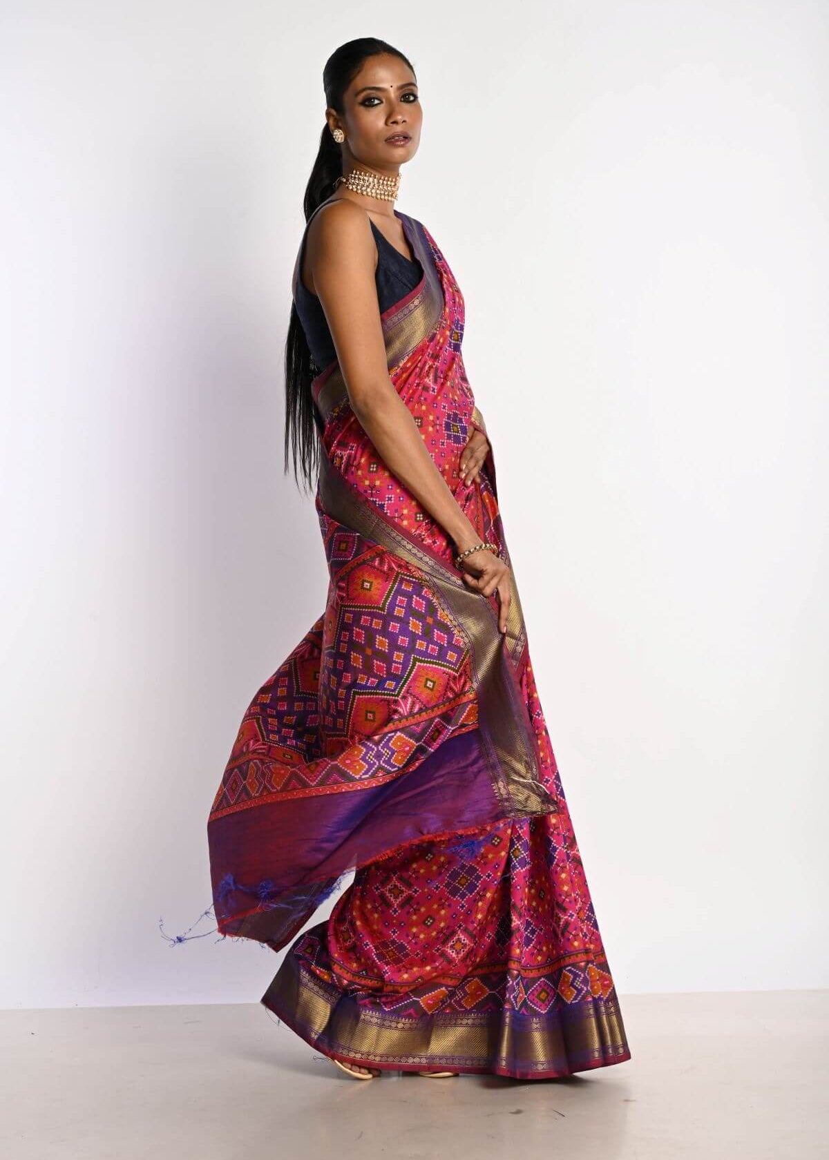 Pink Patola Silk Saree with Contrasting Purple Border - Anvi Couture