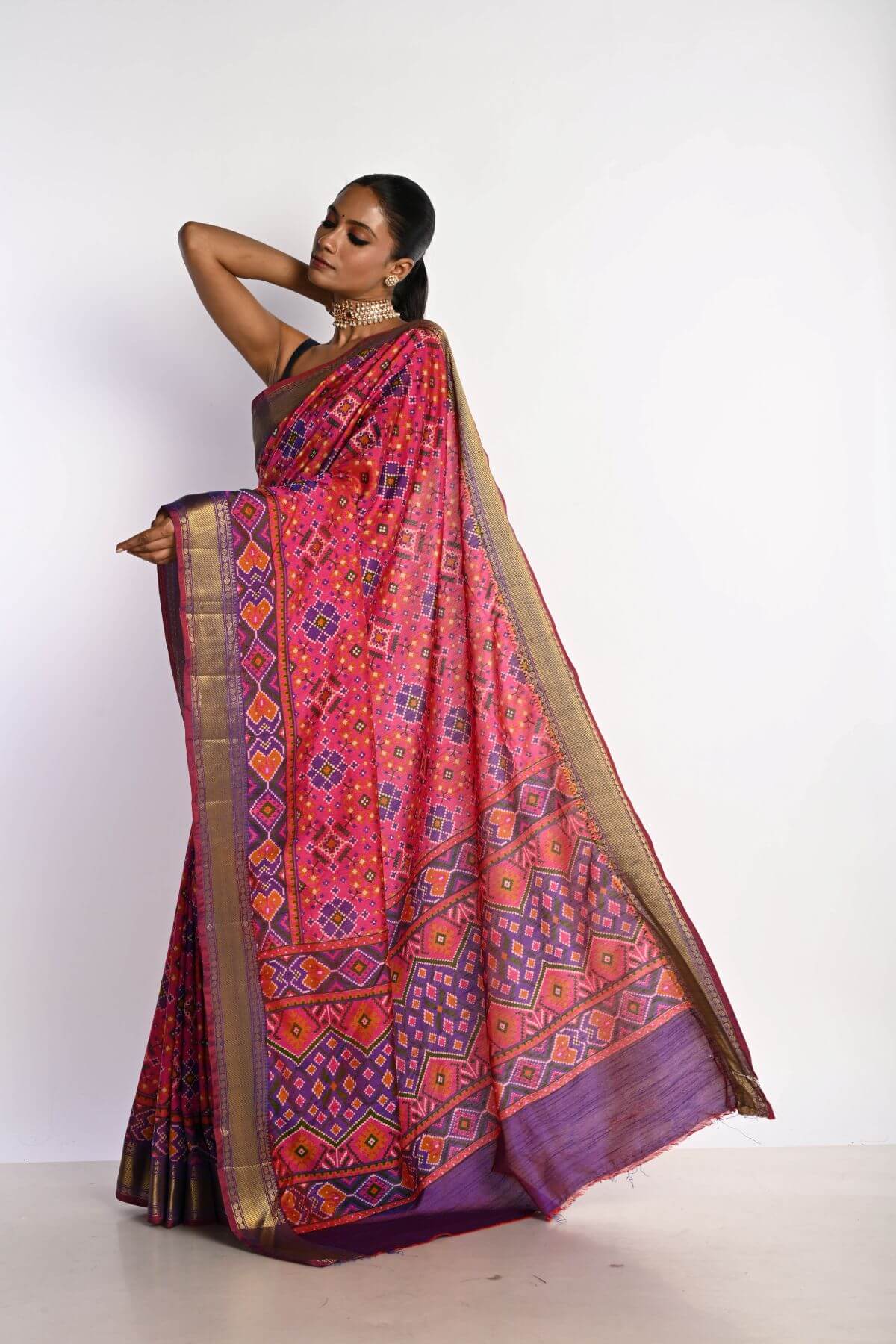 Pink Patola Silk Saree with Contrasting Purple Border - Anvi Couture