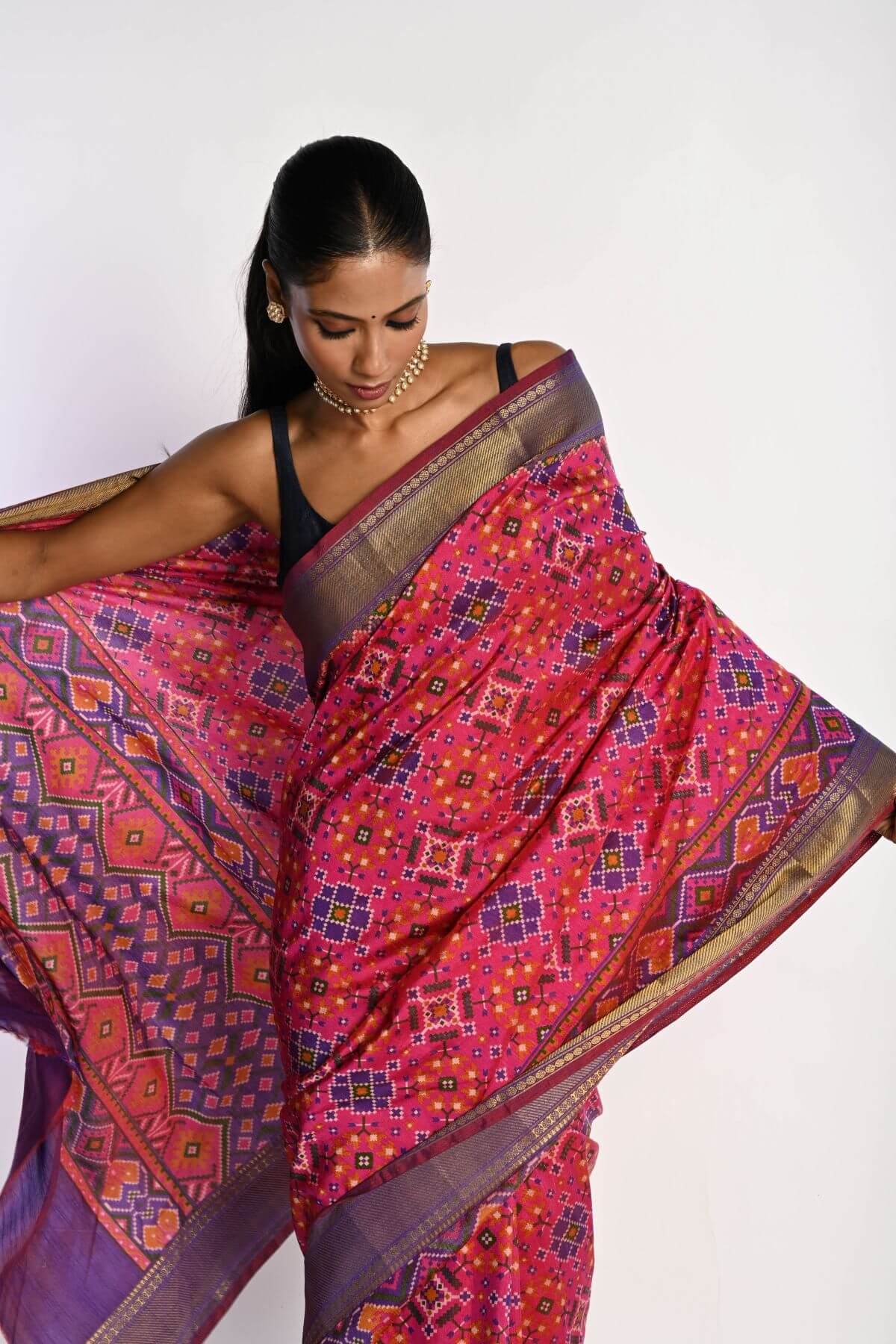 Pink Patola Silk Saree with Contrasting Purple Border - Anvi Couture