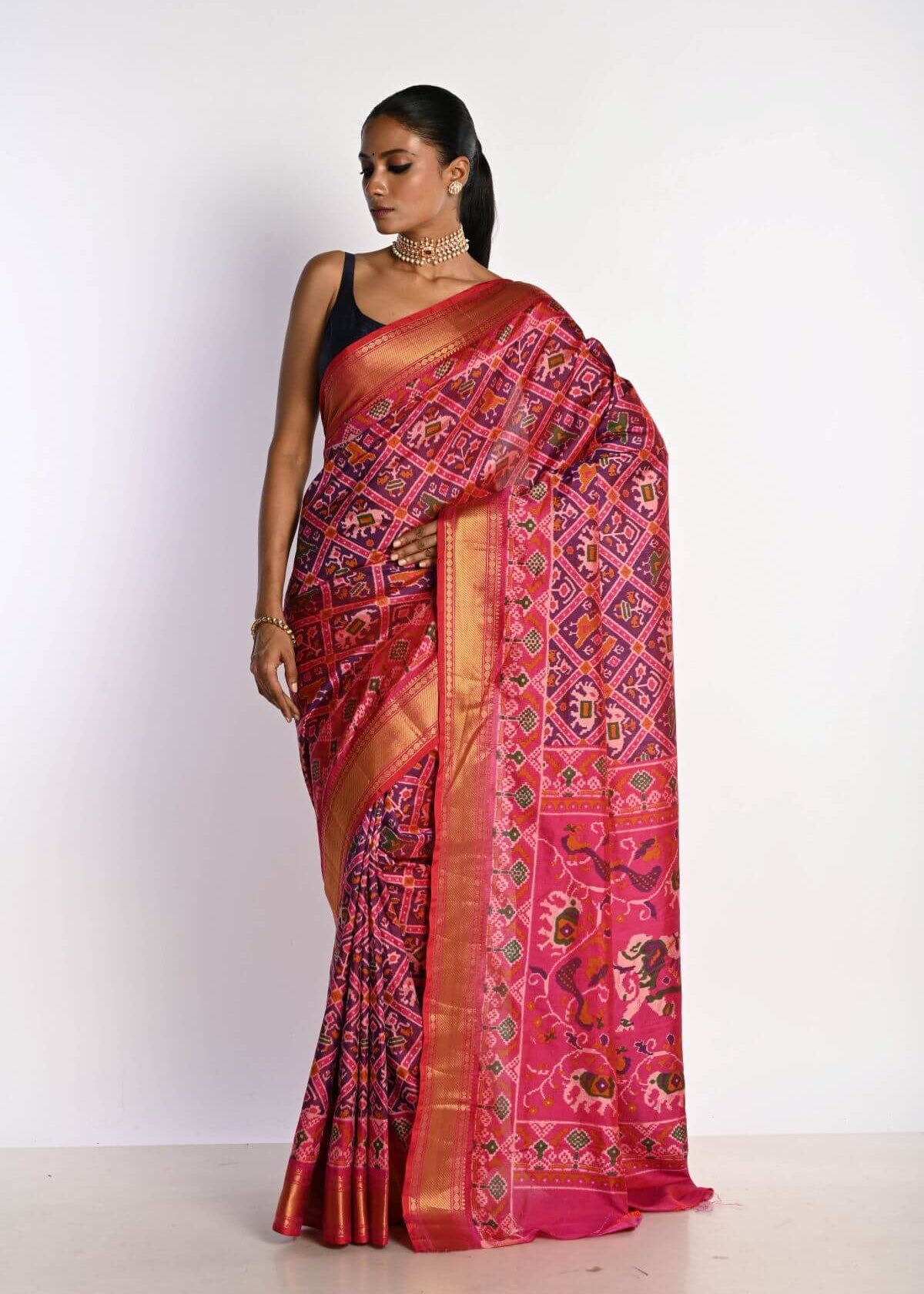 Pink Patola Silk Saree with Gold Zari Border - Anvi Couture