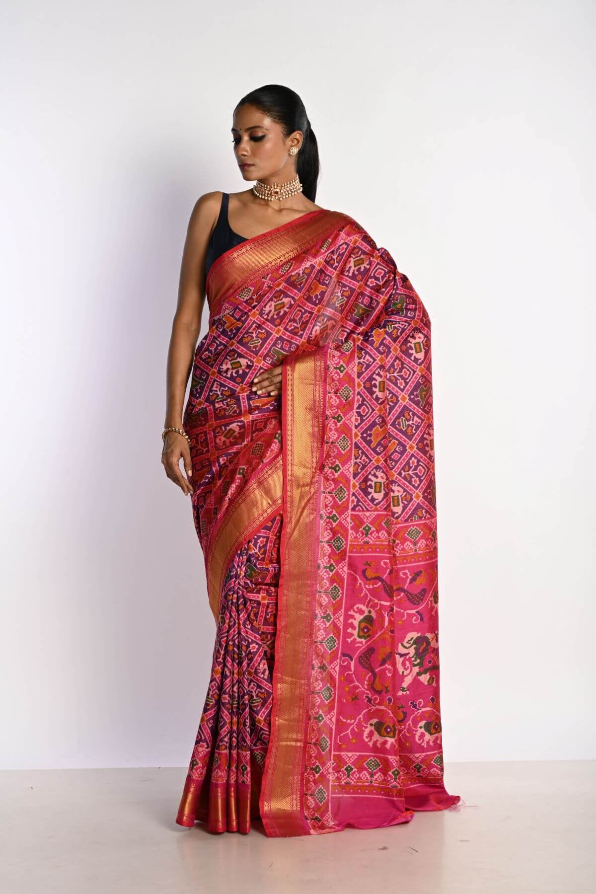 Pink Patola Silk Saree with Gold Zari Border - Anvi Couture