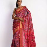 Pink Patola Silk Saree with Gold Zari Border - Anvi Couture