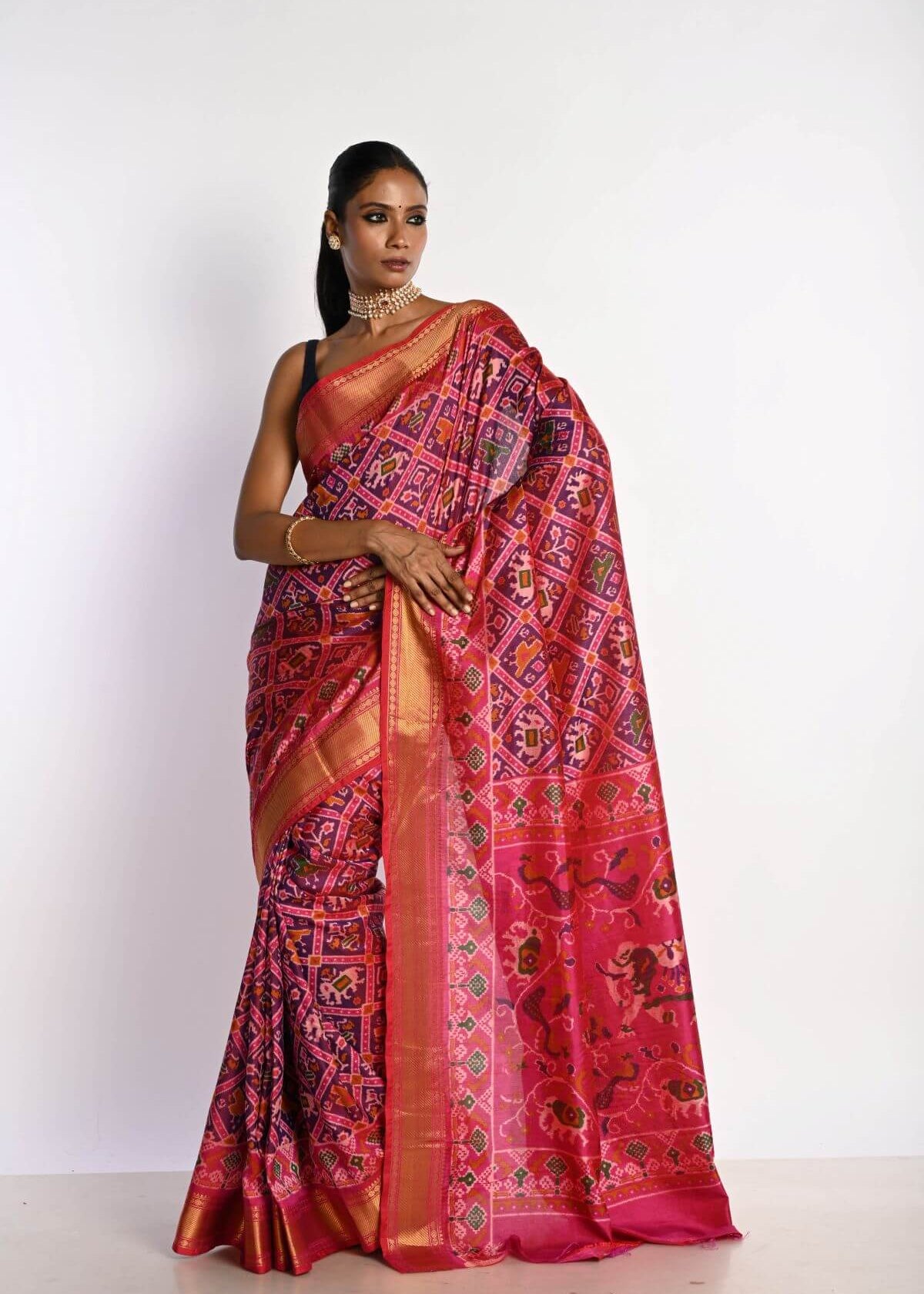 Pink Patola Silk Saree with Gold Zari Border - Anvi Couture