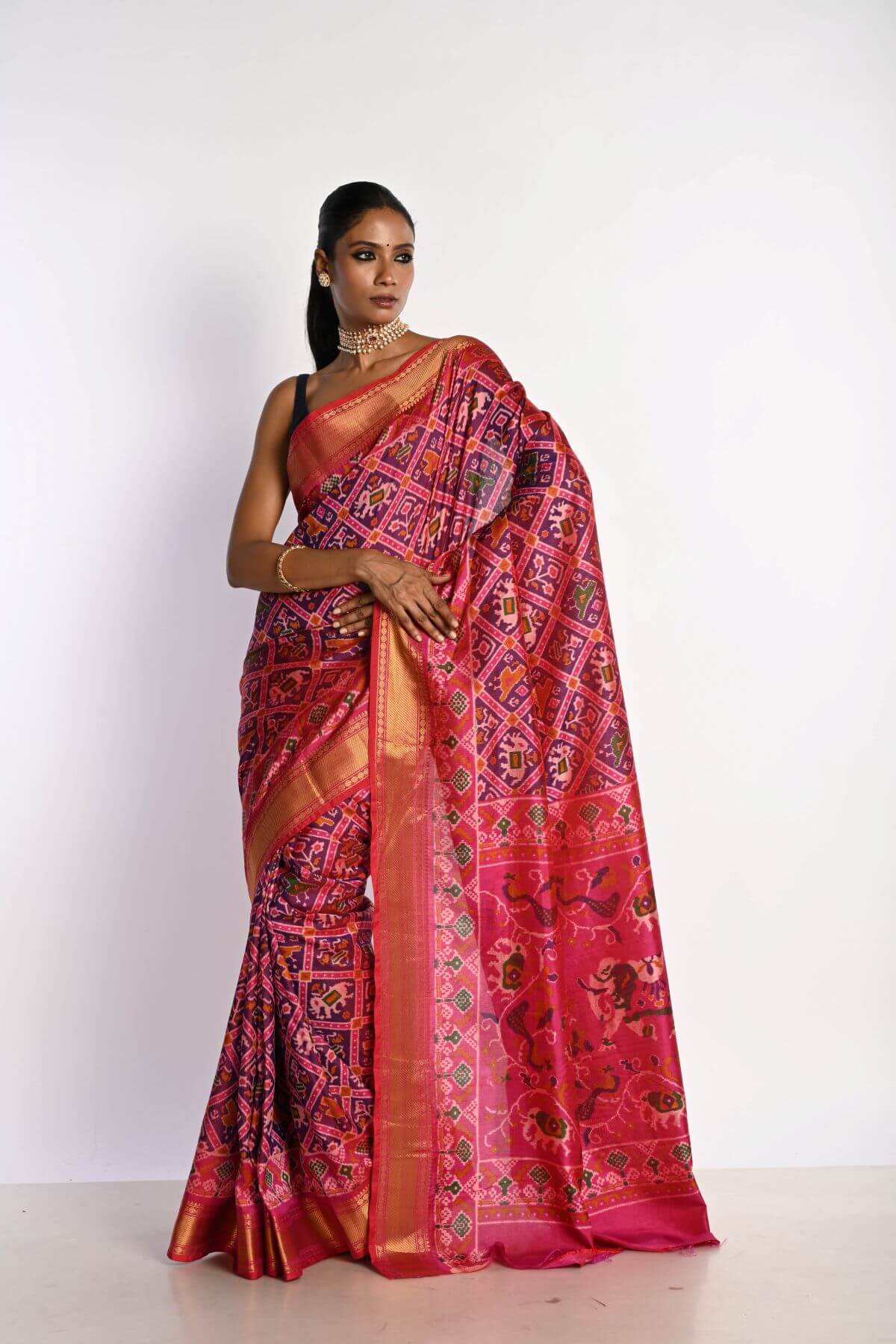 Pink Patola Silk Saree with Gold Zari Border - Anvi Couture