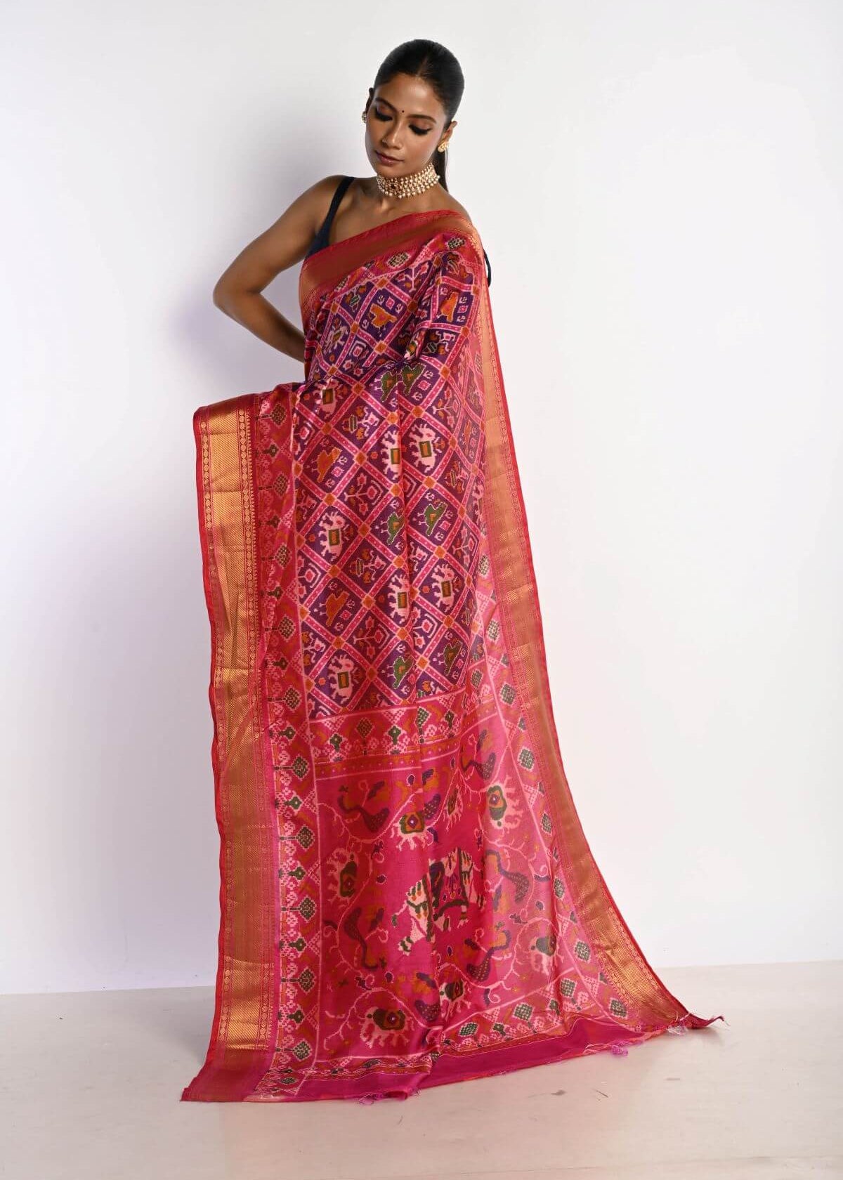 Pink Patola Silk Saree with Gold Zari Border - Anvi Couture