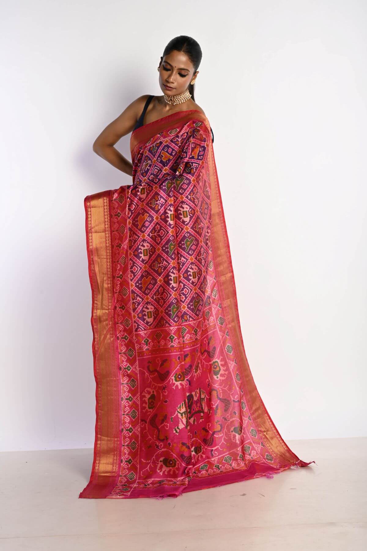 Pink Patola Silk Saree with Gold Zari Border - Anvi Couture