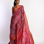 Pink Patola Silk Saree with Gold Zari Border - Anvi Couture