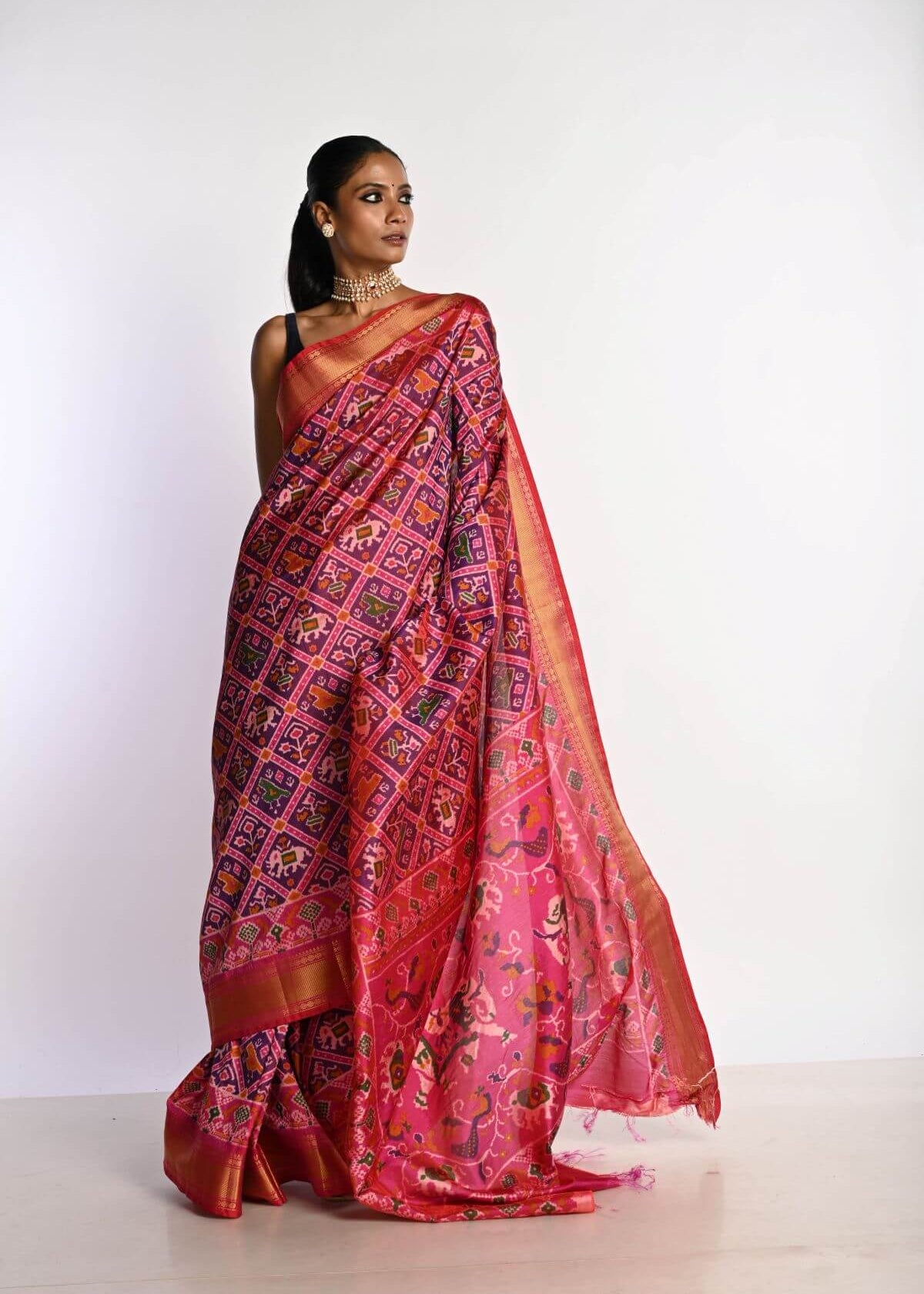 Pink Patola Silk Saree with Gold Zari Border - Anvi Couture