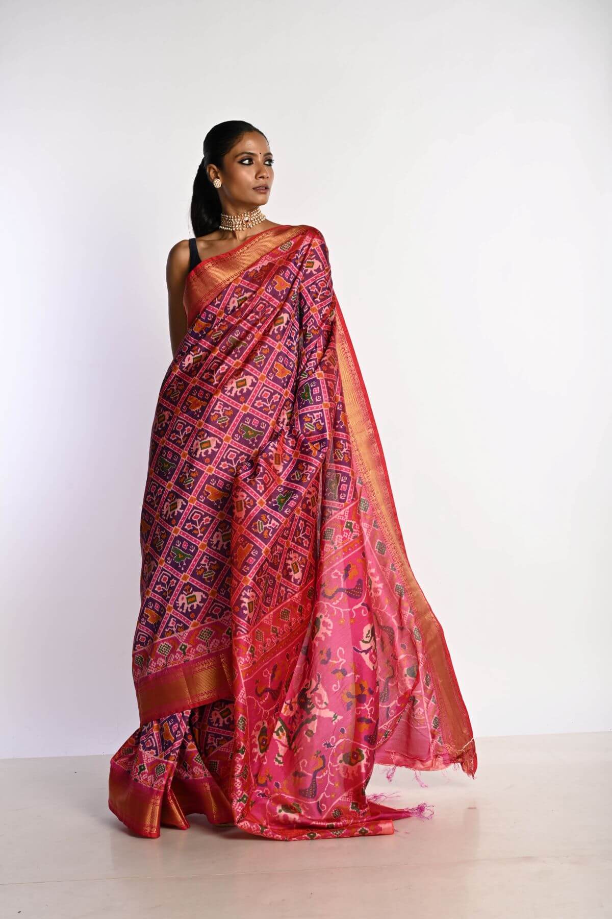 Pink Patola Silk Saree with Gold Zari Border - Anvi Couture