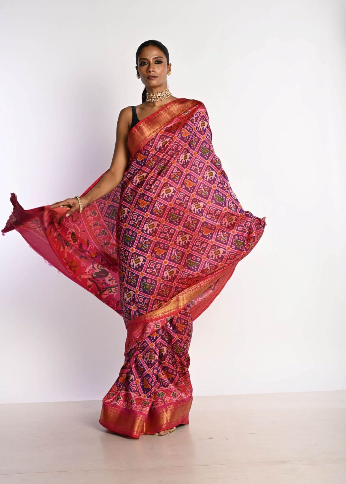 Pink Patola Silk Saree with Gold Zari Border - Anvi Couture