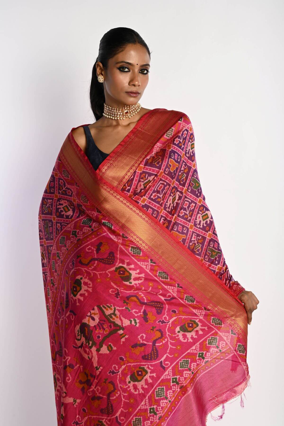 Pink Patola Silk Saree with Gold Zari Border - Anvi Couture