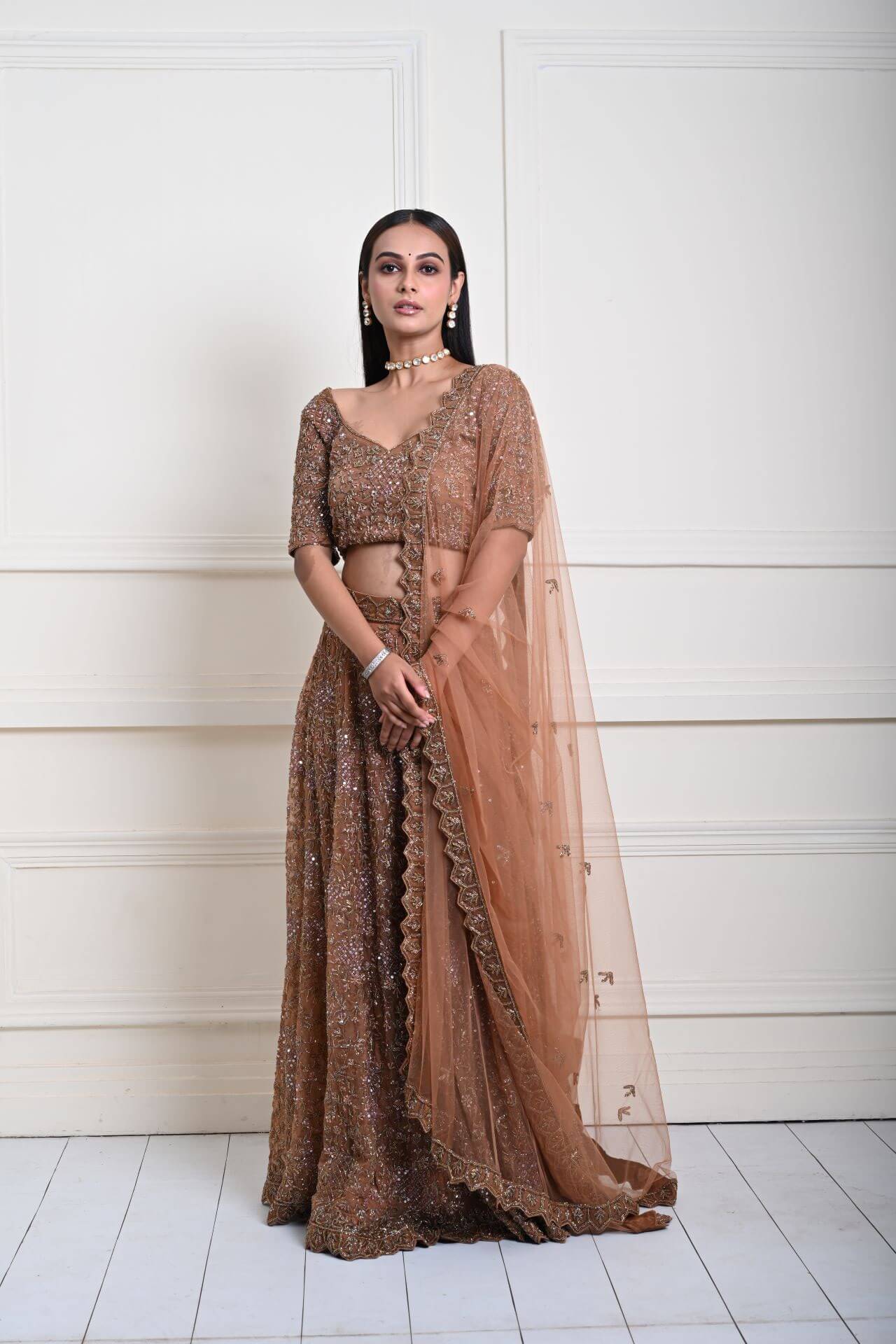 Mocha Brown Cutdana Embroidered Lehenga-Exquisite Indian Attire