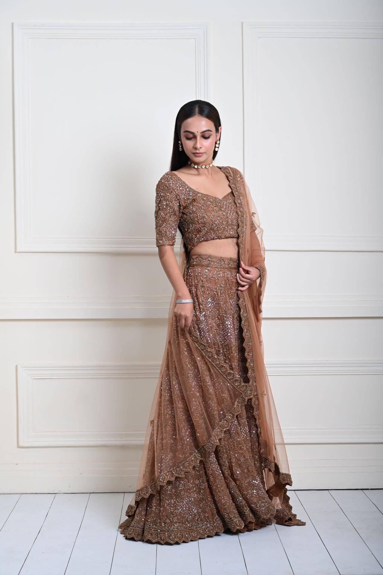 Mocha Brown Cutdana Embroidered Lehenga-Exquisite Indian Attire