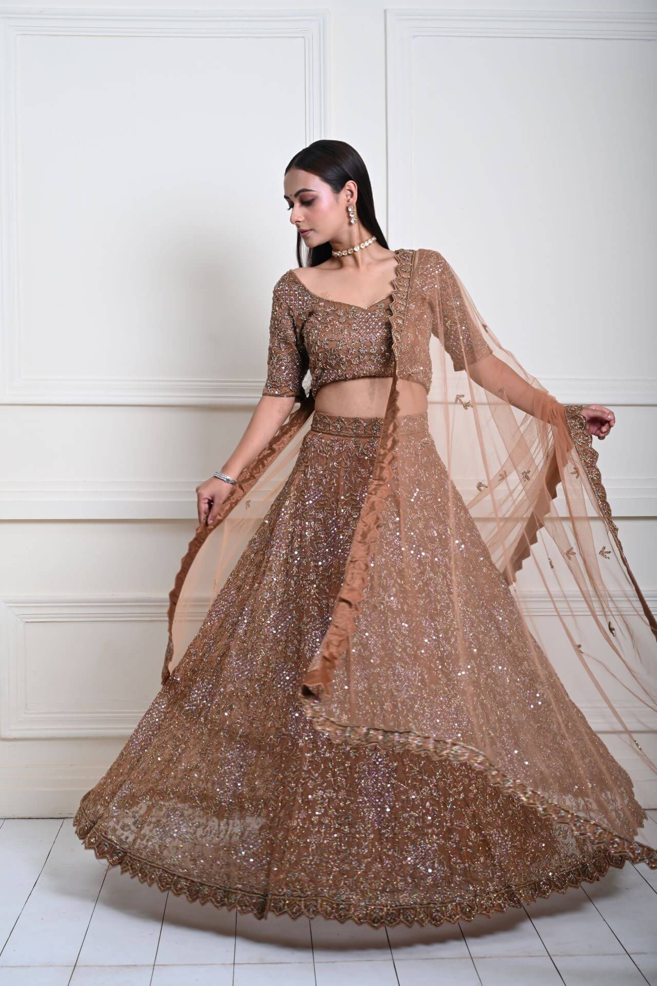 Mocha Brown Cutdana Embroidered Lehenga-Exquisite Indian Attire