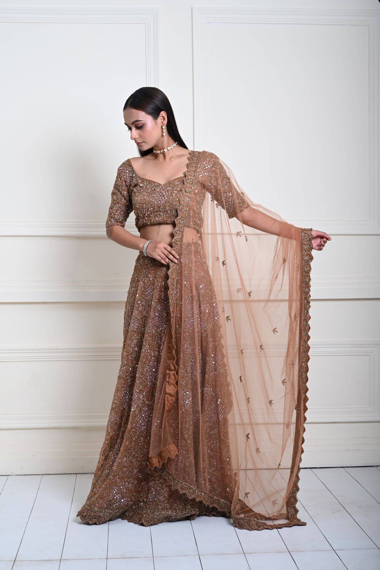 Mocha Brown Cutdana Embroidered Lehenga-Exquisite Indian Attire