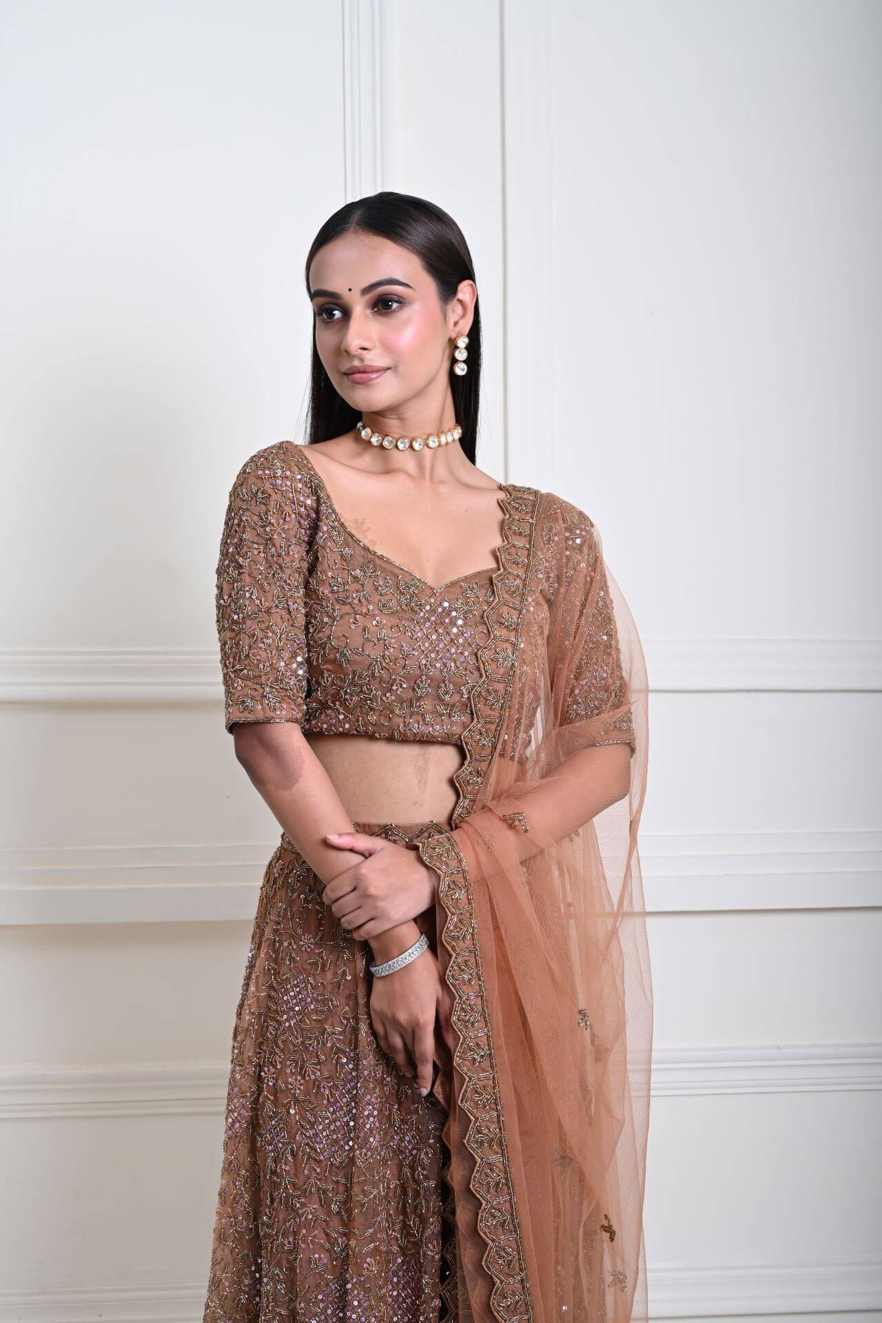 Mocha Brown Cutdana Embroidered Lehenga-Exquisite Indian Attire