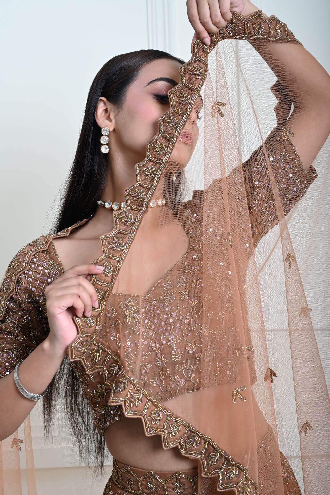 Mocha Brown Cutdana Embroidered Lehenga-Exquisite Indian Attire