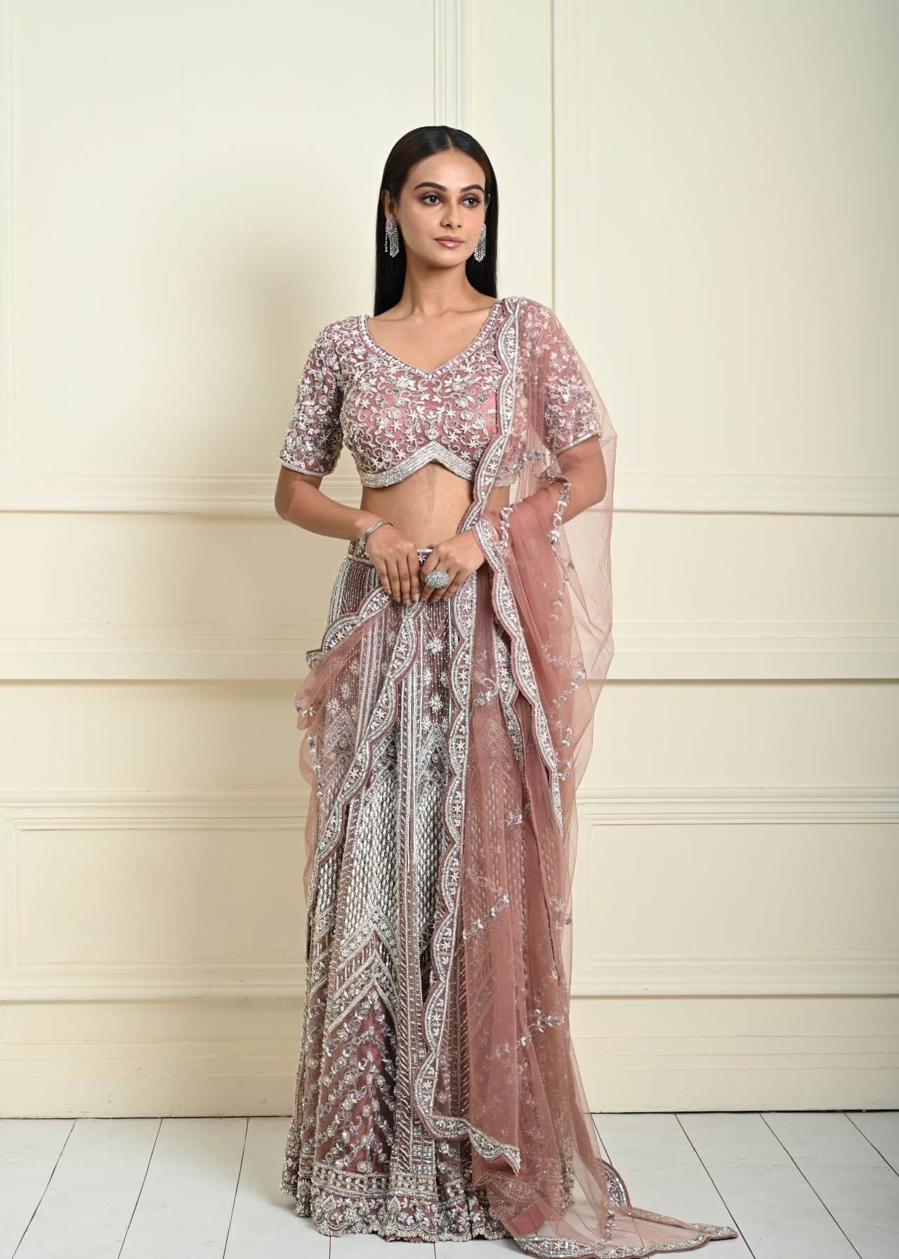 Dusty Pink Bridal Lehenga Set in Net with All Over Embroidery and Dupatta