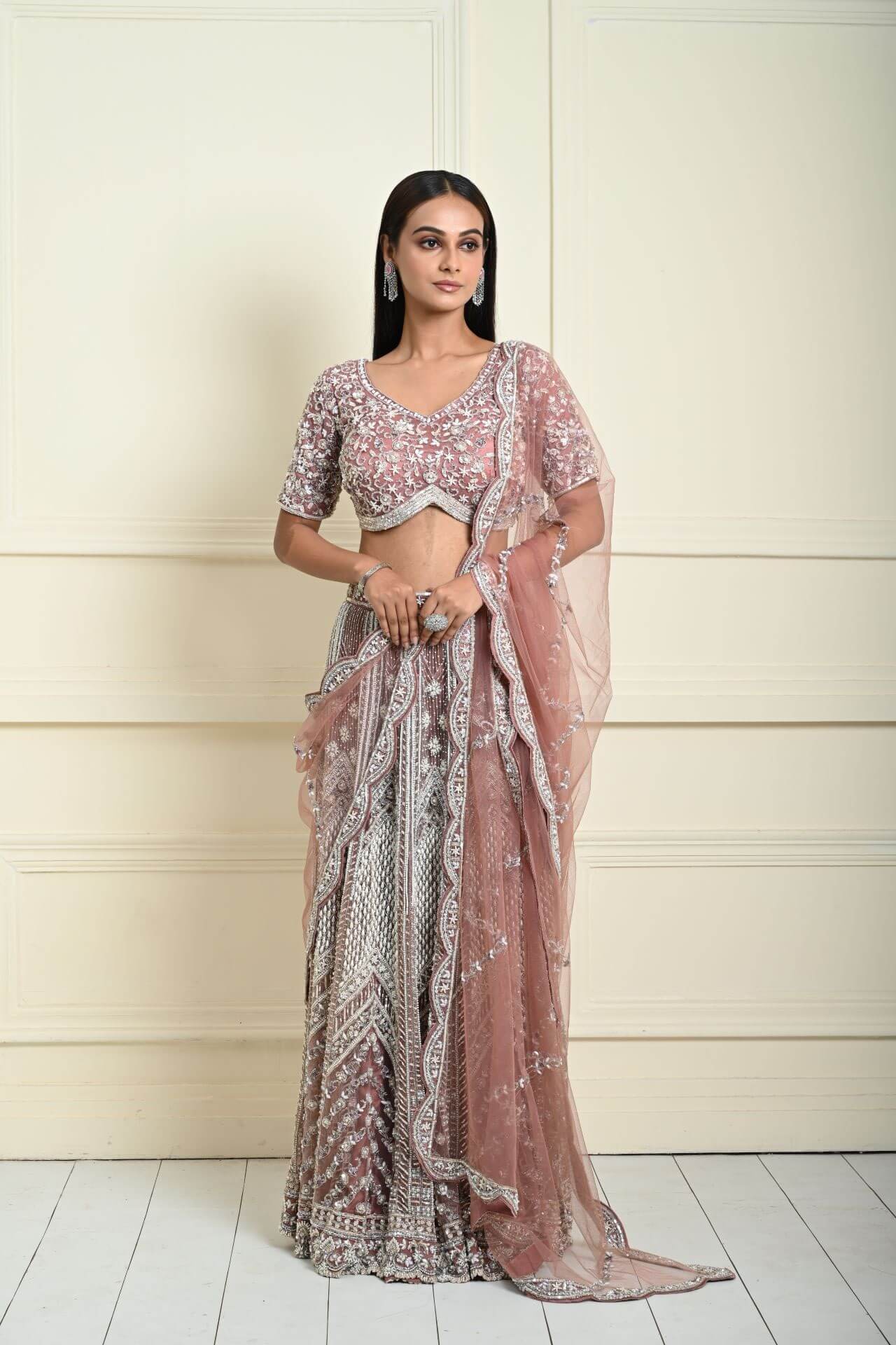 Dusty Pink Bridal Lehenga Set in Net with All Over Embroidery and Dupatta