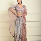 Dusty Pink Bridal Lehenga Set in Net with All Over Embroidery and Dupatta