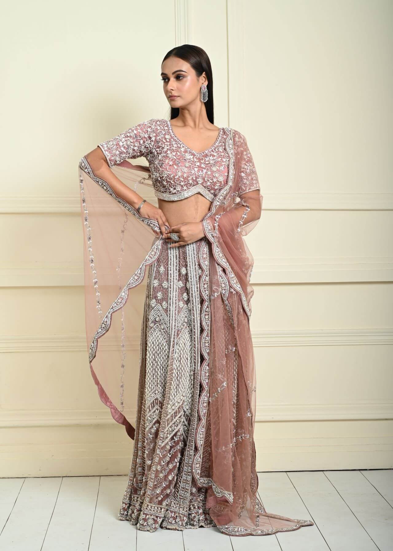 Dusty Pink Bridal Lehenga Set in Net with All Over Embroidery and Dupatta